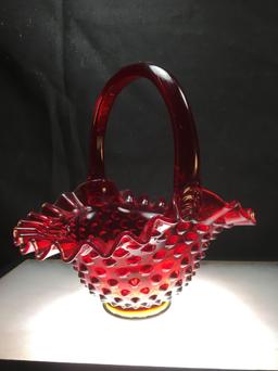 Fenton Ruby Hobnail Glass Basket