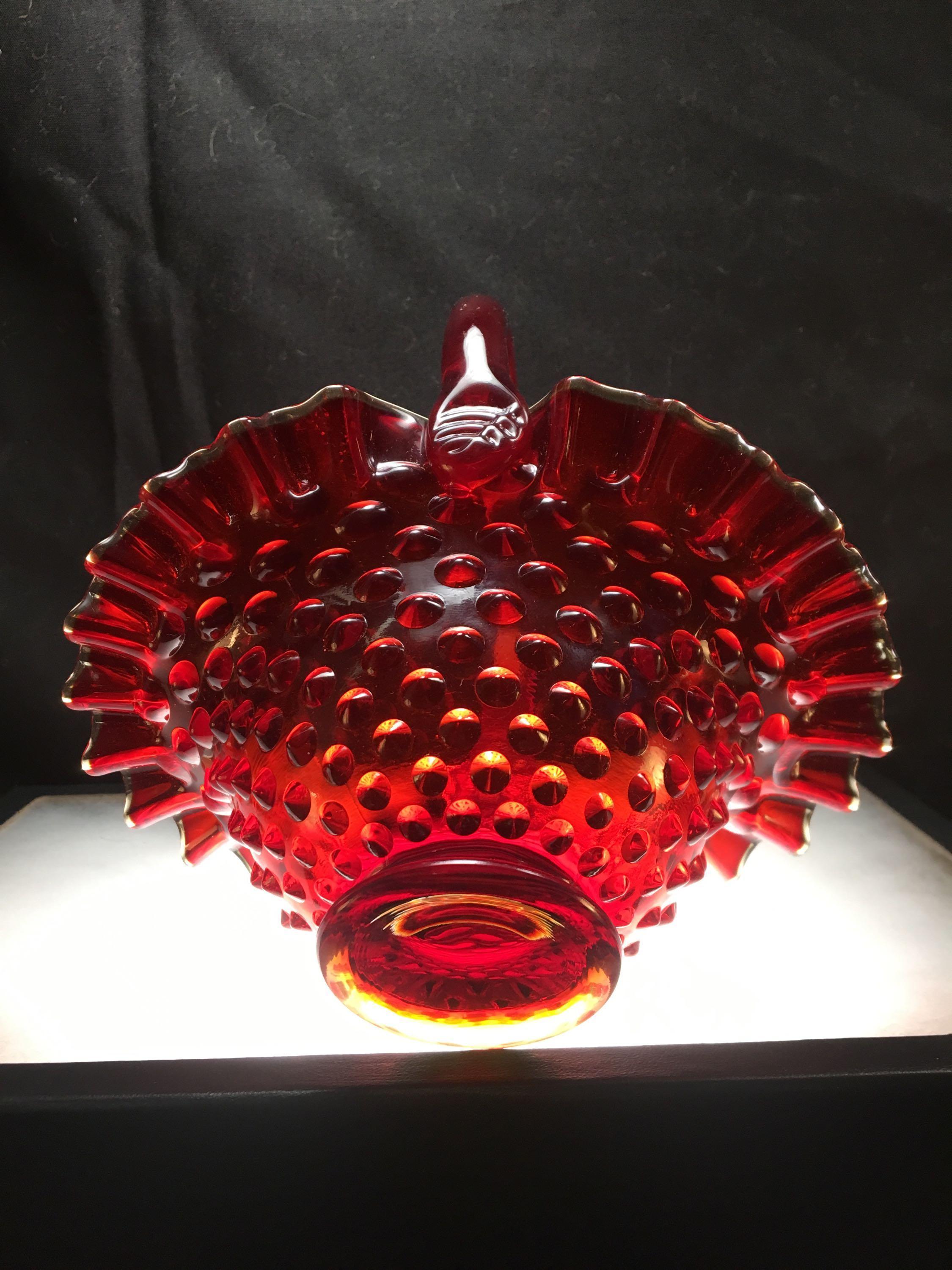 Fenton Ruby Hobnail Glass Basket