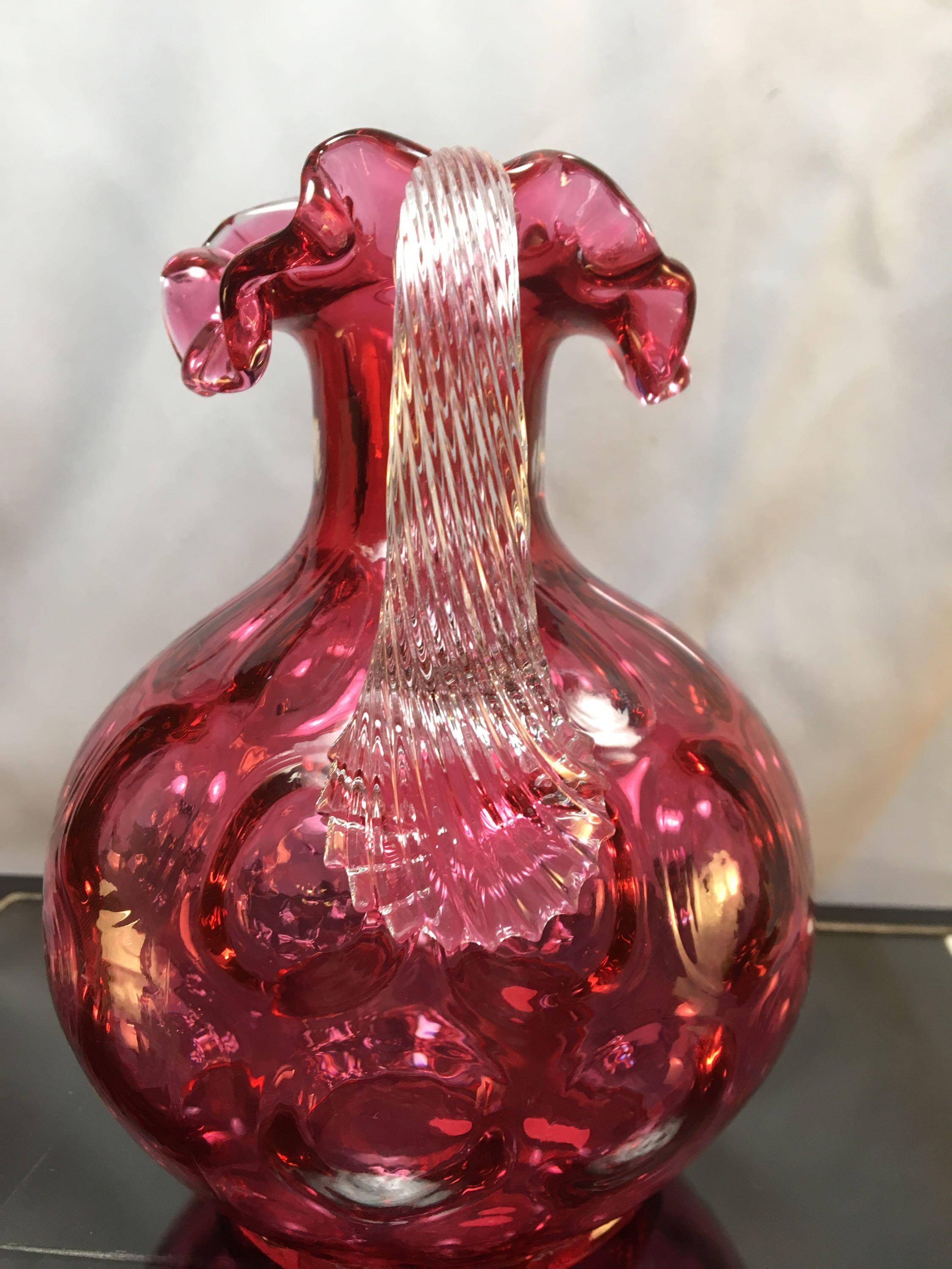 Cranberry Fenton Pitcher With Swirl Handle