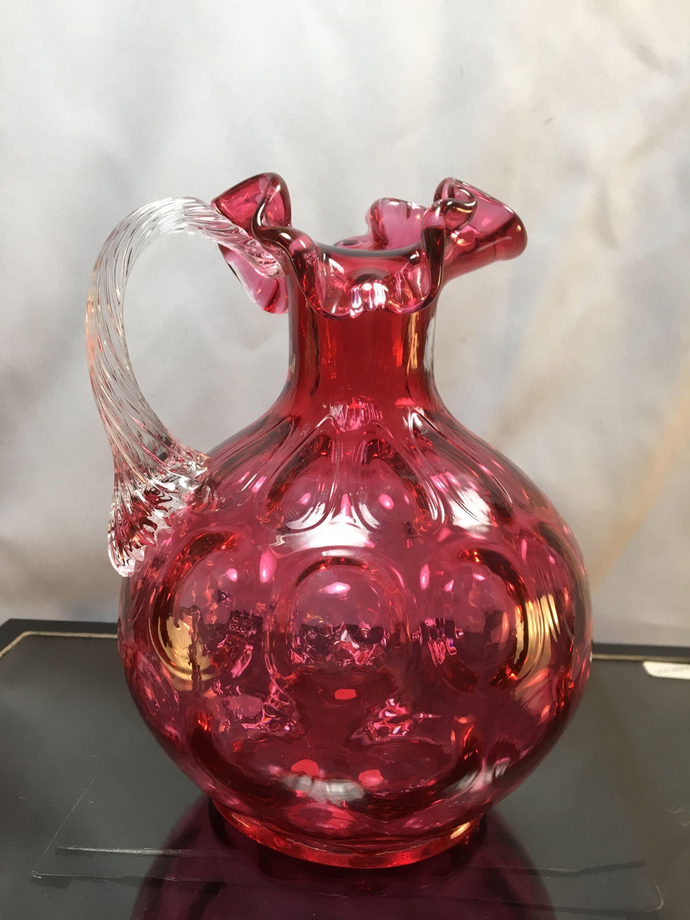 Cranberry Fenton Pitcher With Swirl Handle