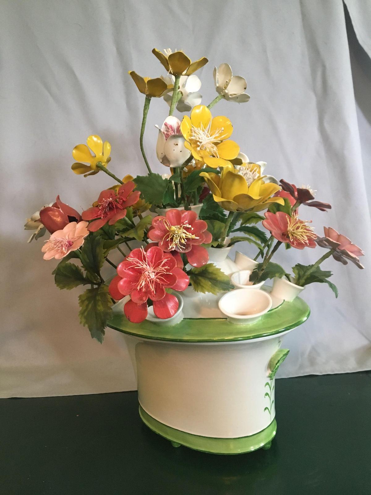 Ceramic Planter With Metal Flowers