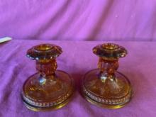 Vintage Pair of Indiana Tiara Sandwich Amber Glass Candle Holders