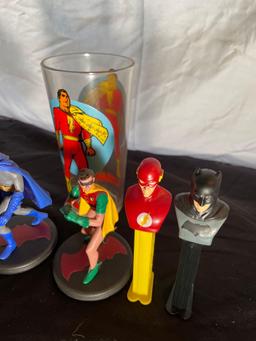 DC Comics Figures, Pez Dispensers, and Glass