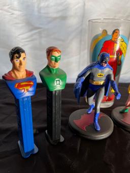 DC Comics Figures, Pez Dispensers, and Glass