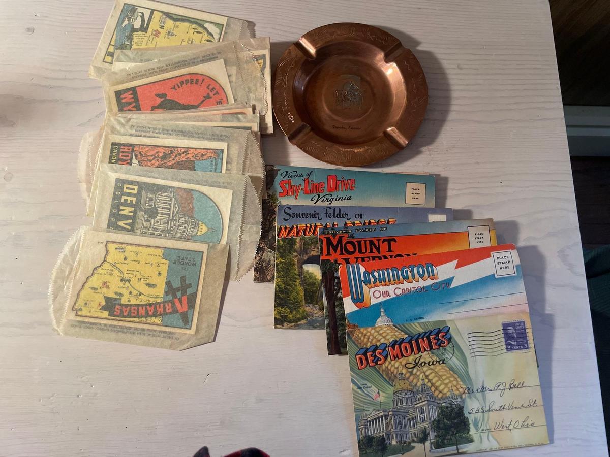 Vtg Copper Ashtray, Postcards, and Decals