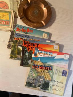 Vtg Copper Ashtray, Postcards, and Decals