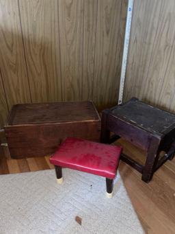 Vtg Foot Stools and Wood Chest