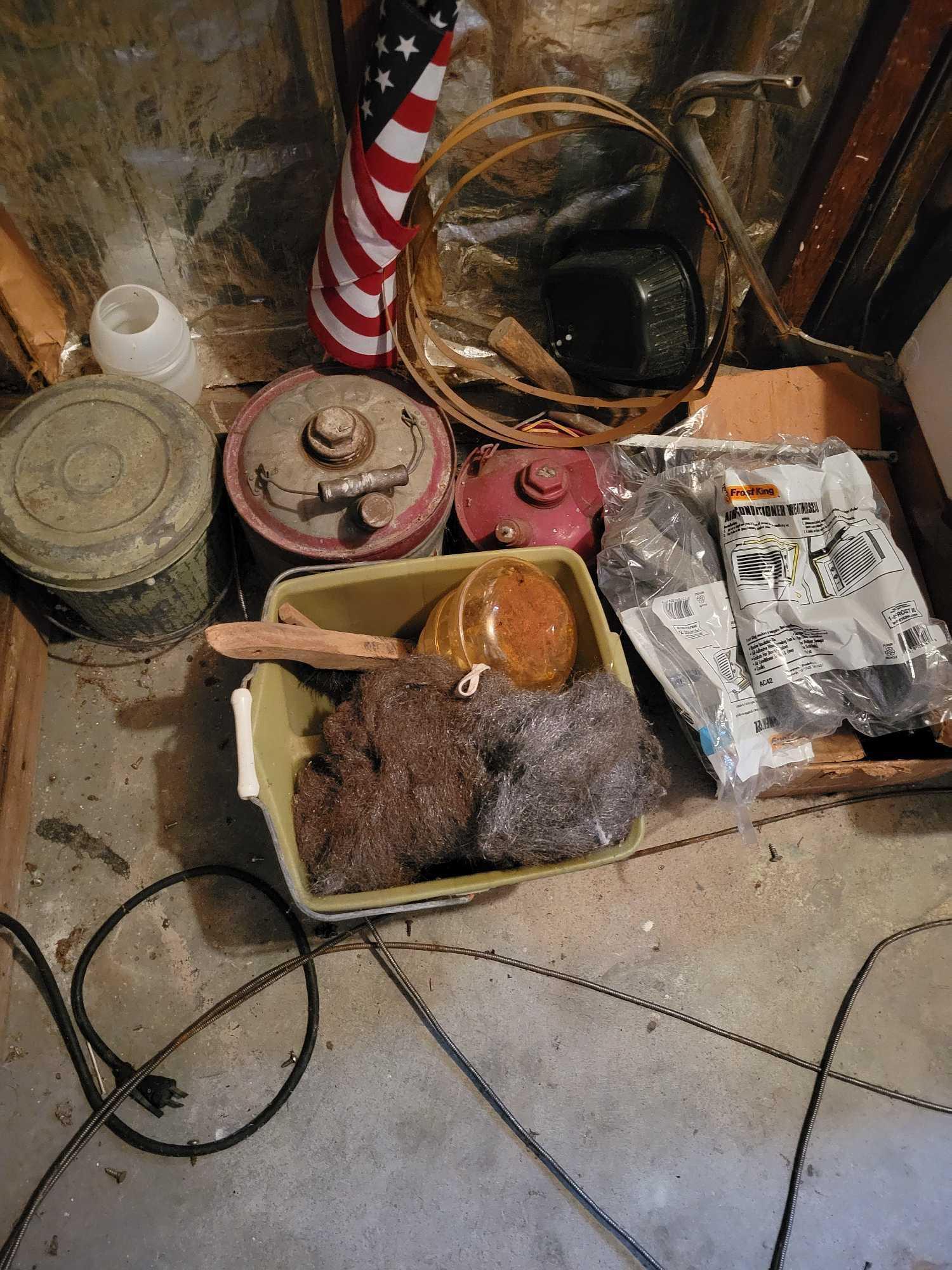 Garage Backroom Contents on Ground and Shelves on Right