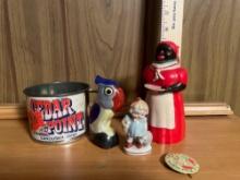 Mid Century Aunt Jemima Syrup Dispenser, Cedar Point Cup, Vtg Christmas Pinback, and Figurines