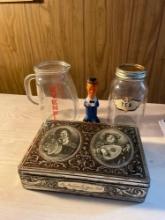 Laurel and Hardy Figure, Evenflo Measuring Jar, Tea Jar, Vtg Hat Tin