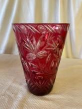 Vintage Etched Cranberry Glass Vase