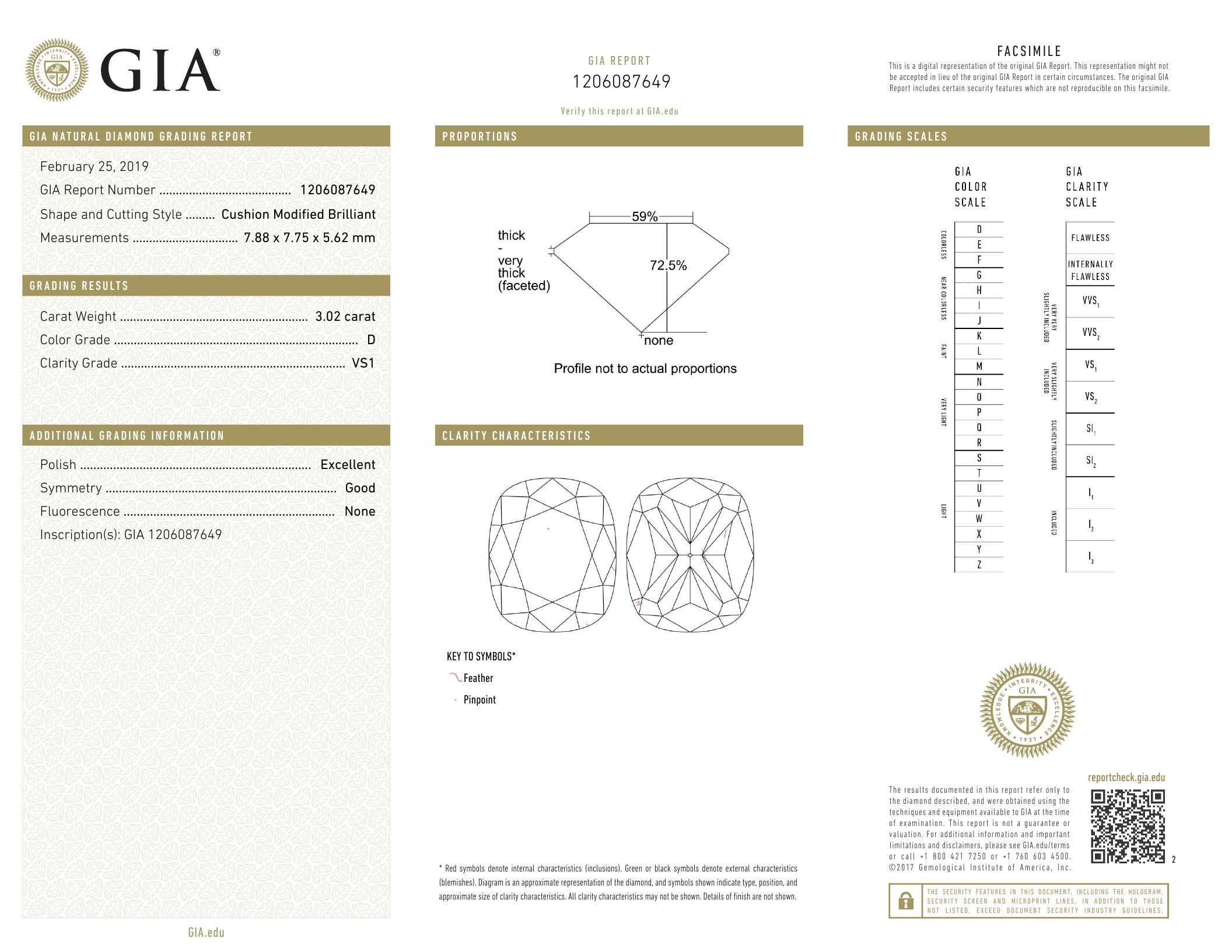 3.02 ct, Color D/VS1, Cushion cut Diamond