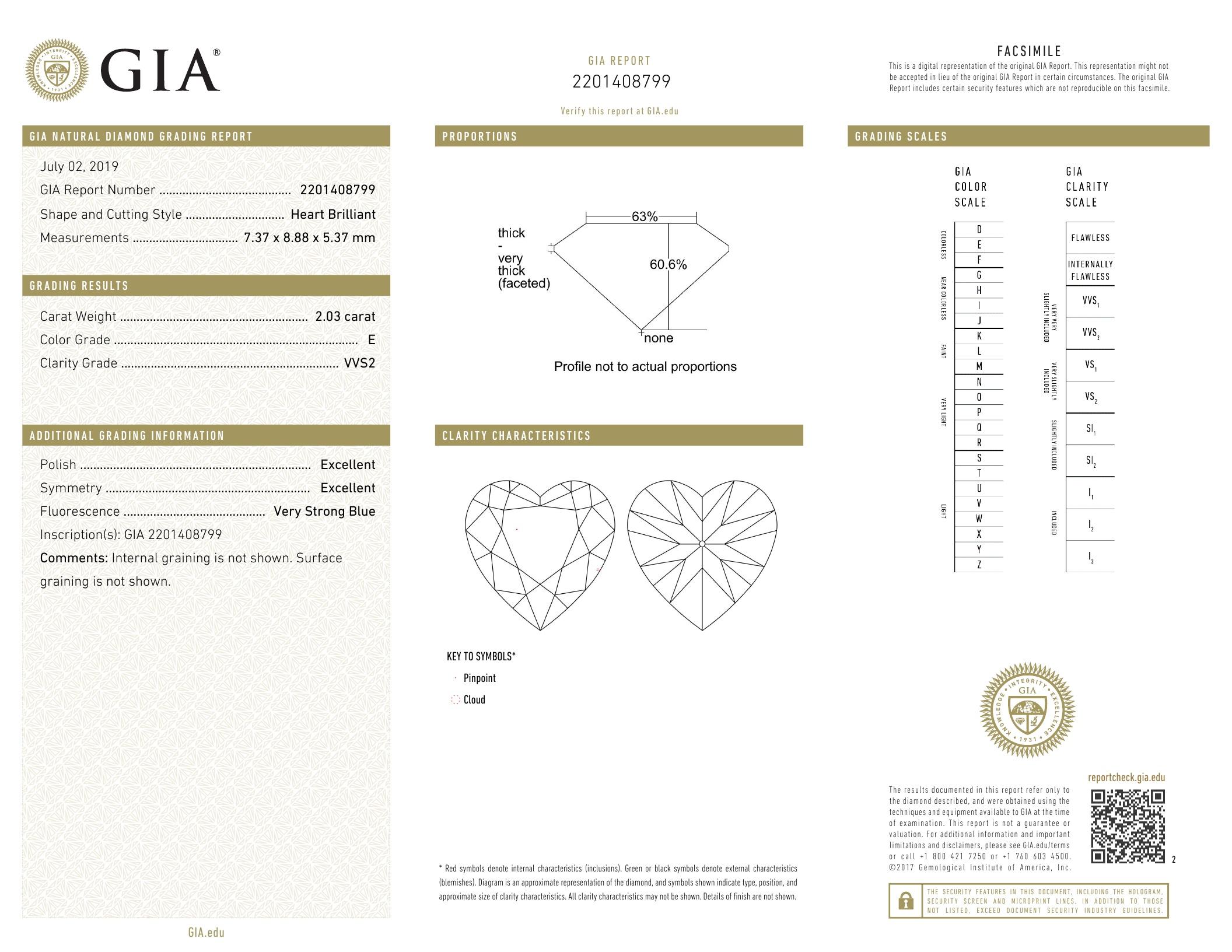 2.03 ct, E/VVS2, Heart cut Diamond, 64% off Rapaport List Price (GIA Graded), Unmounted. Appraised V