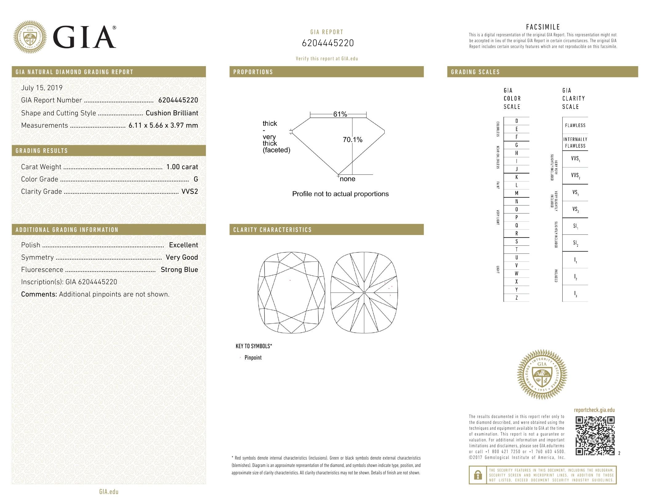 1.00 ct, G/VVS2, Cushion Brilliant cut Diamond, 60% off Rapaport List Price (GIA Graded), Unmounted.