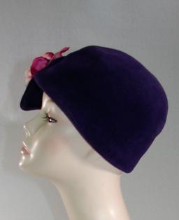 Vintage Ladies 1920s Purple Velvet Cloche With Large Silk Ribbon Flower