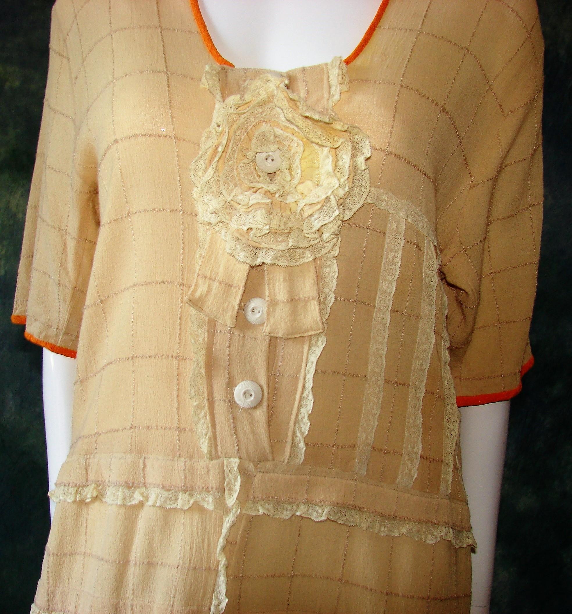 Vintage 1920s Ladies Tan Textured Crepe Drop Waist Dress With Large Fabric Rosette