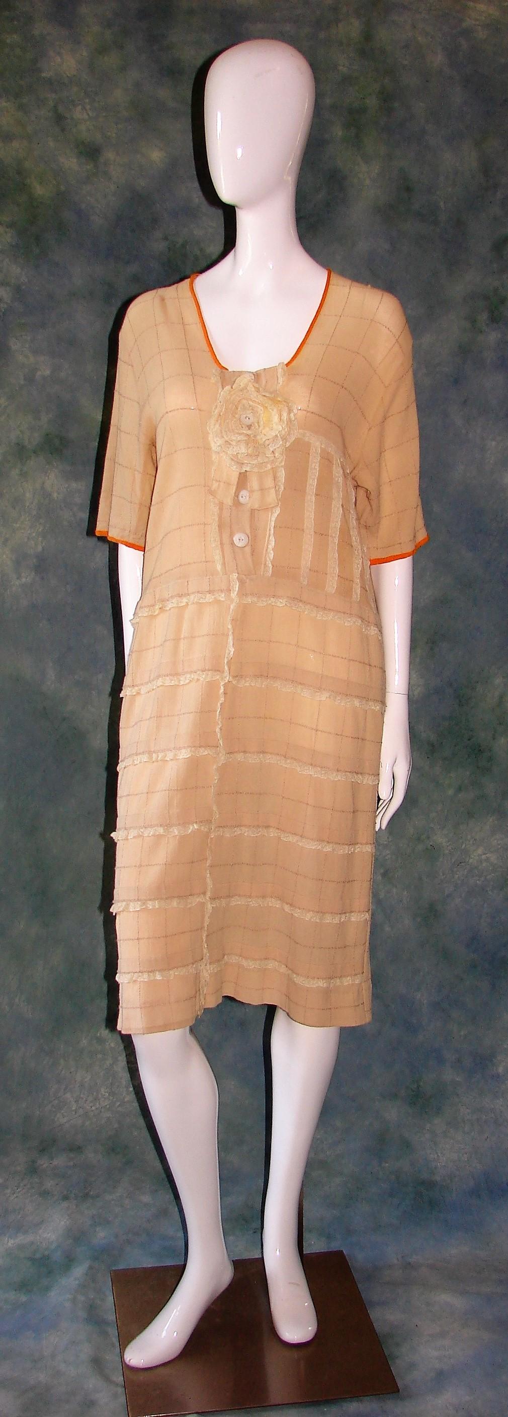 Vintage 1920s Ladies Tan Textured Crepe Drop Waist Dress With Large Fabric Rosette