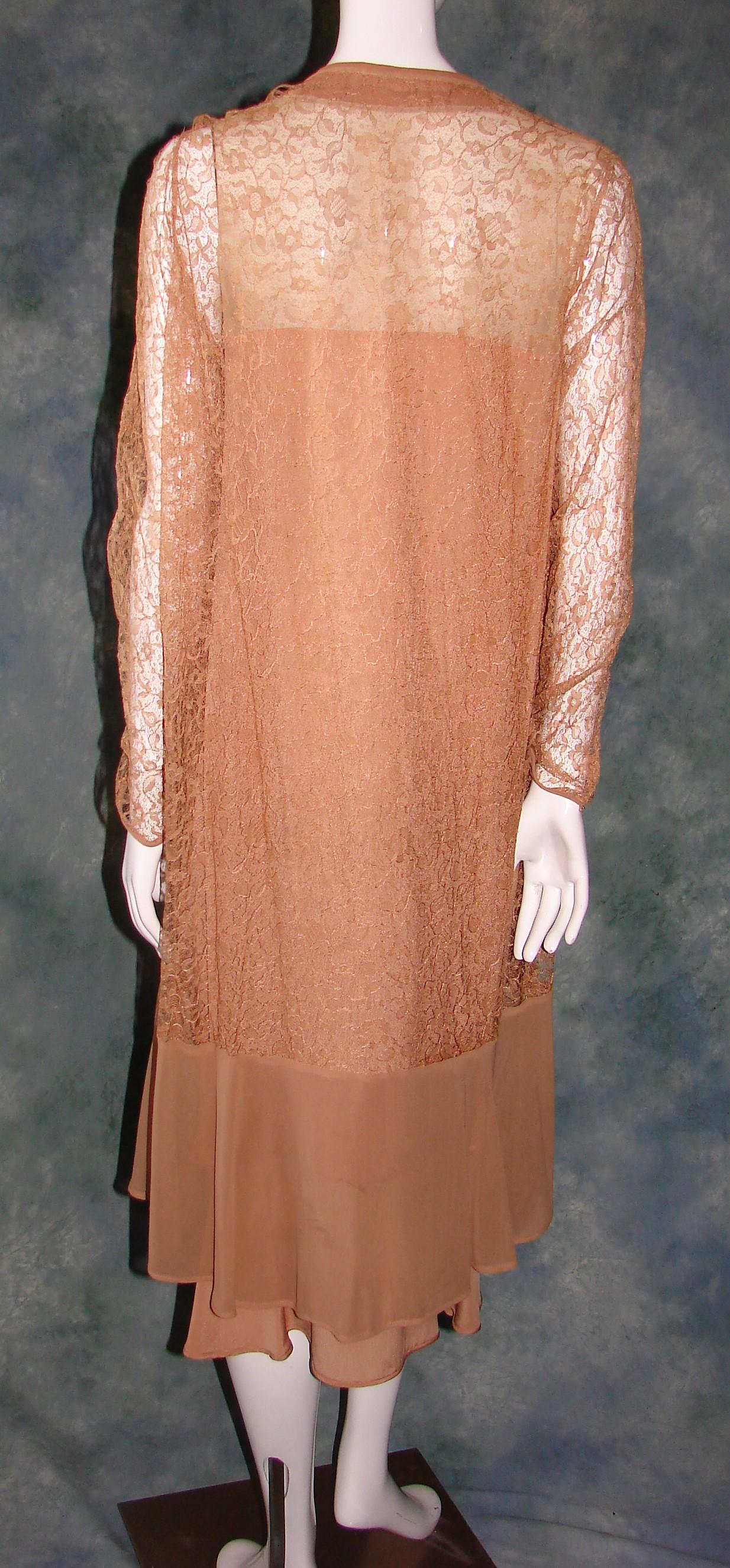 Vintage Ladies 1920s Peach Silk Crepe Drop Waist Dress With Long Lace Over Jacket