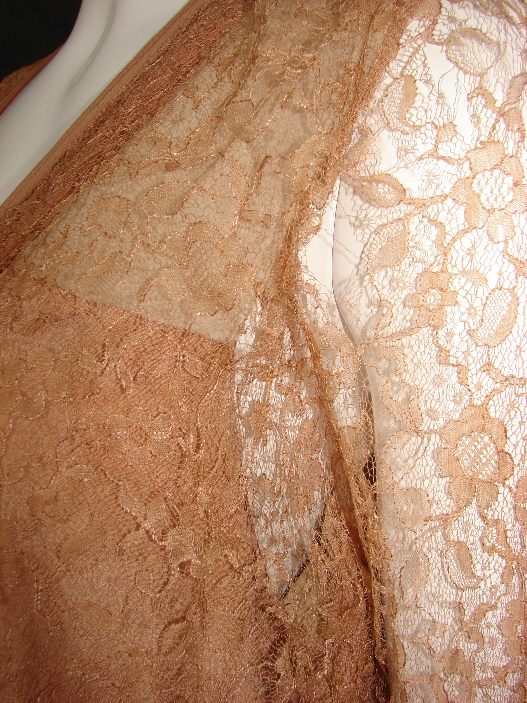 Vintage Ladies 1920s Peach Silk Crepe Drop Waist Dress With Long Lace Over Jacket