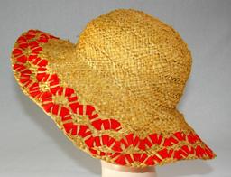 Vintage Ladies 1930s Straw Sun Bonnet Red Ribbon