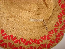 Vintage Ladies 1930s Straw Sun Bonnet Red Ribbon