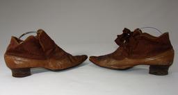 Ladies Edwardian Leather And Brown Silk Kitten Heel Shoes