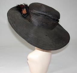 Edwardian Ladies Black Wide Brimmed Hat With Flower And Feathers