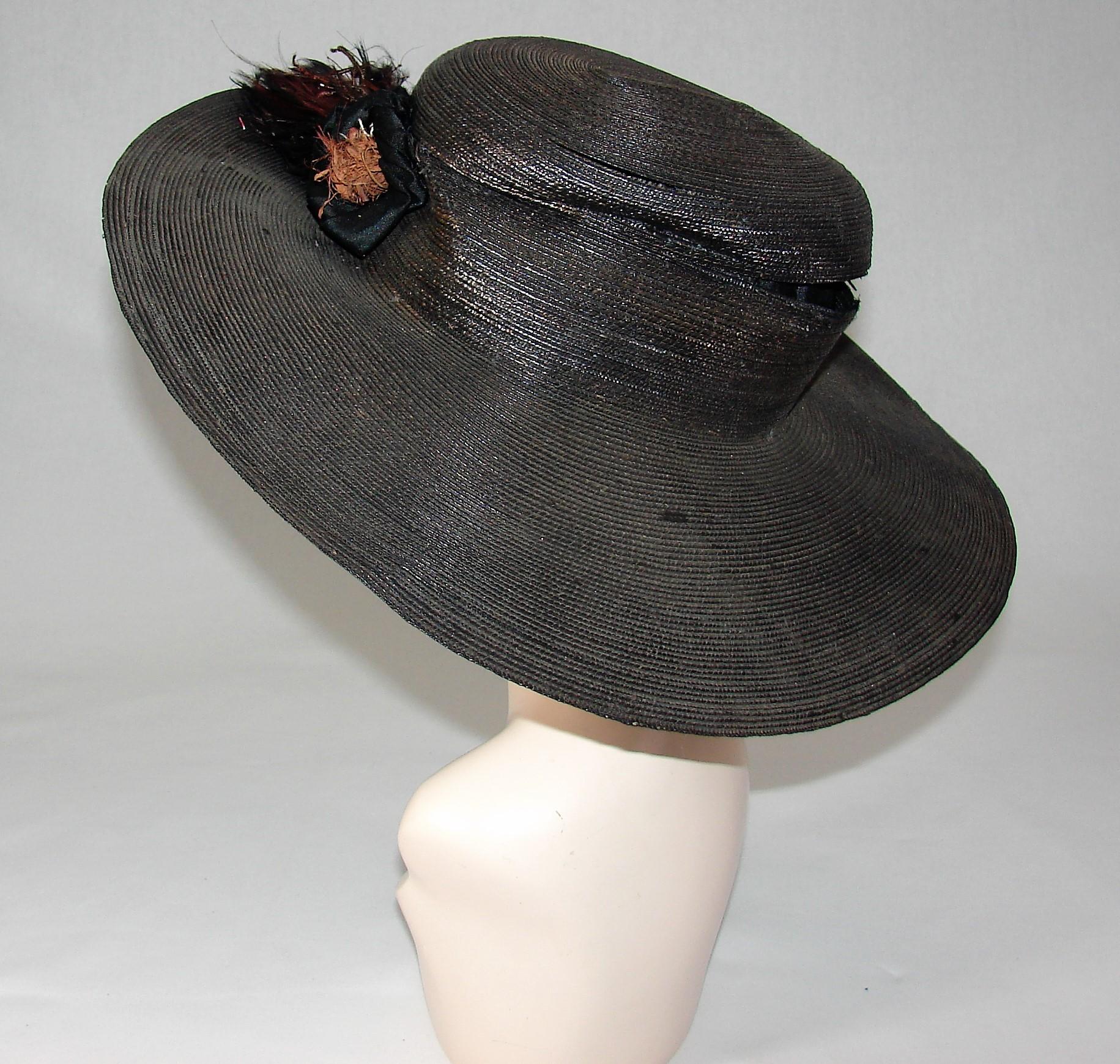 Edwardian Ladies Black Wide Brimmed Hat With Flower And Feathers