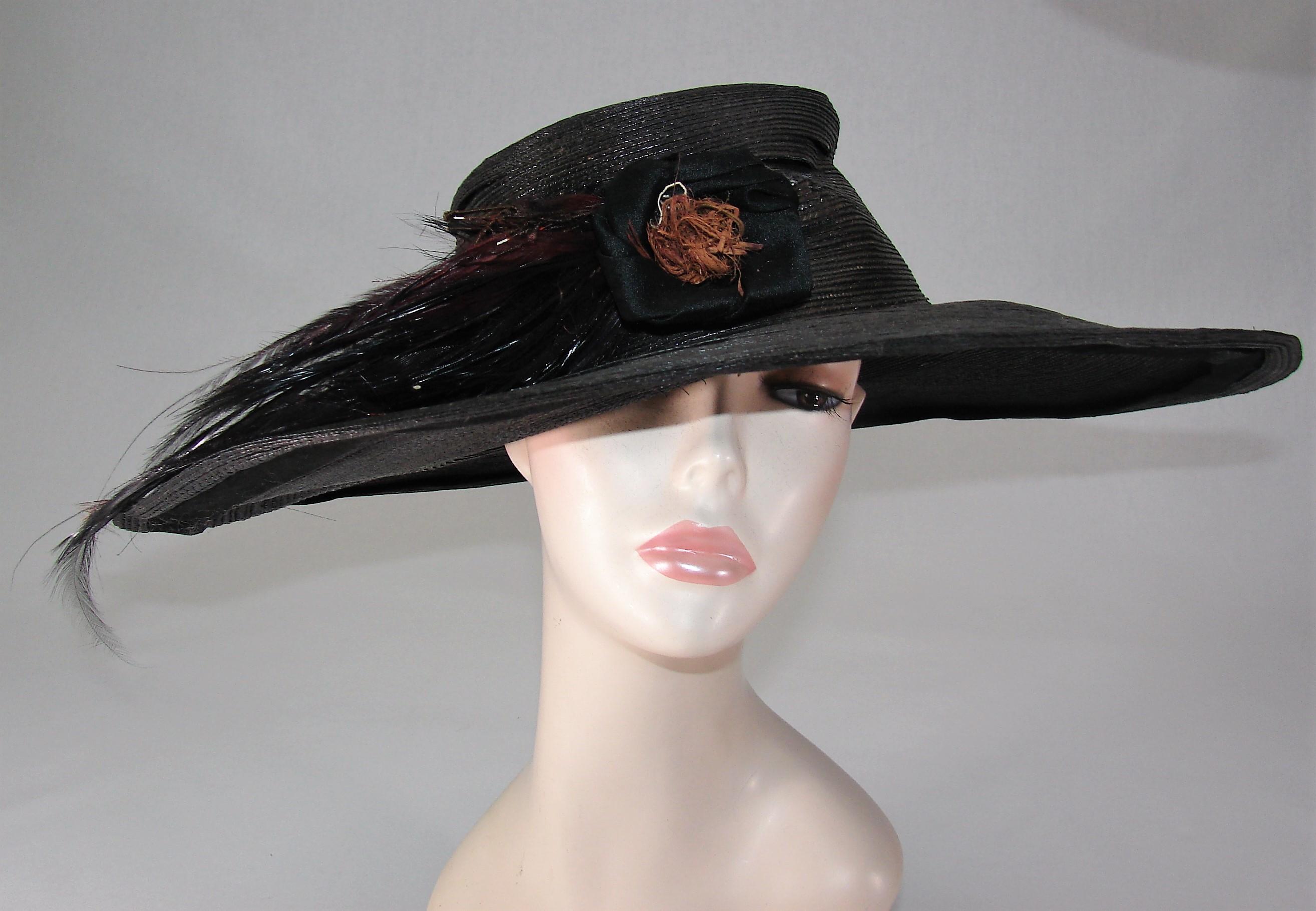 Edwardian Ladies Black Wide Brimmed Hat With Flower And Feathers