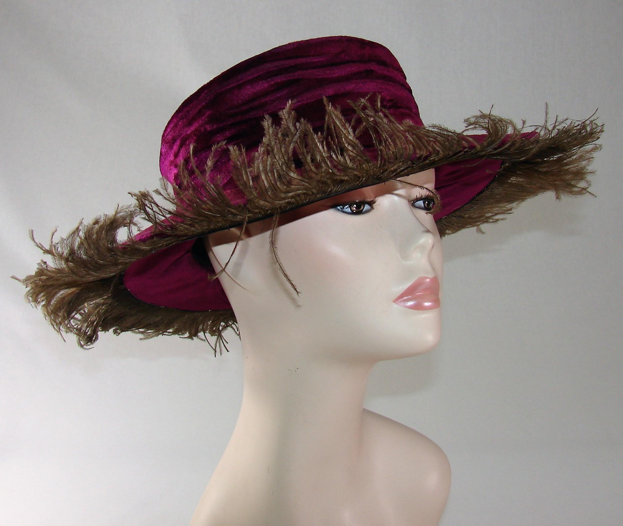 Edwardian Ladies Purple Velvet And Marabou Feather Wide Brimmed Hat