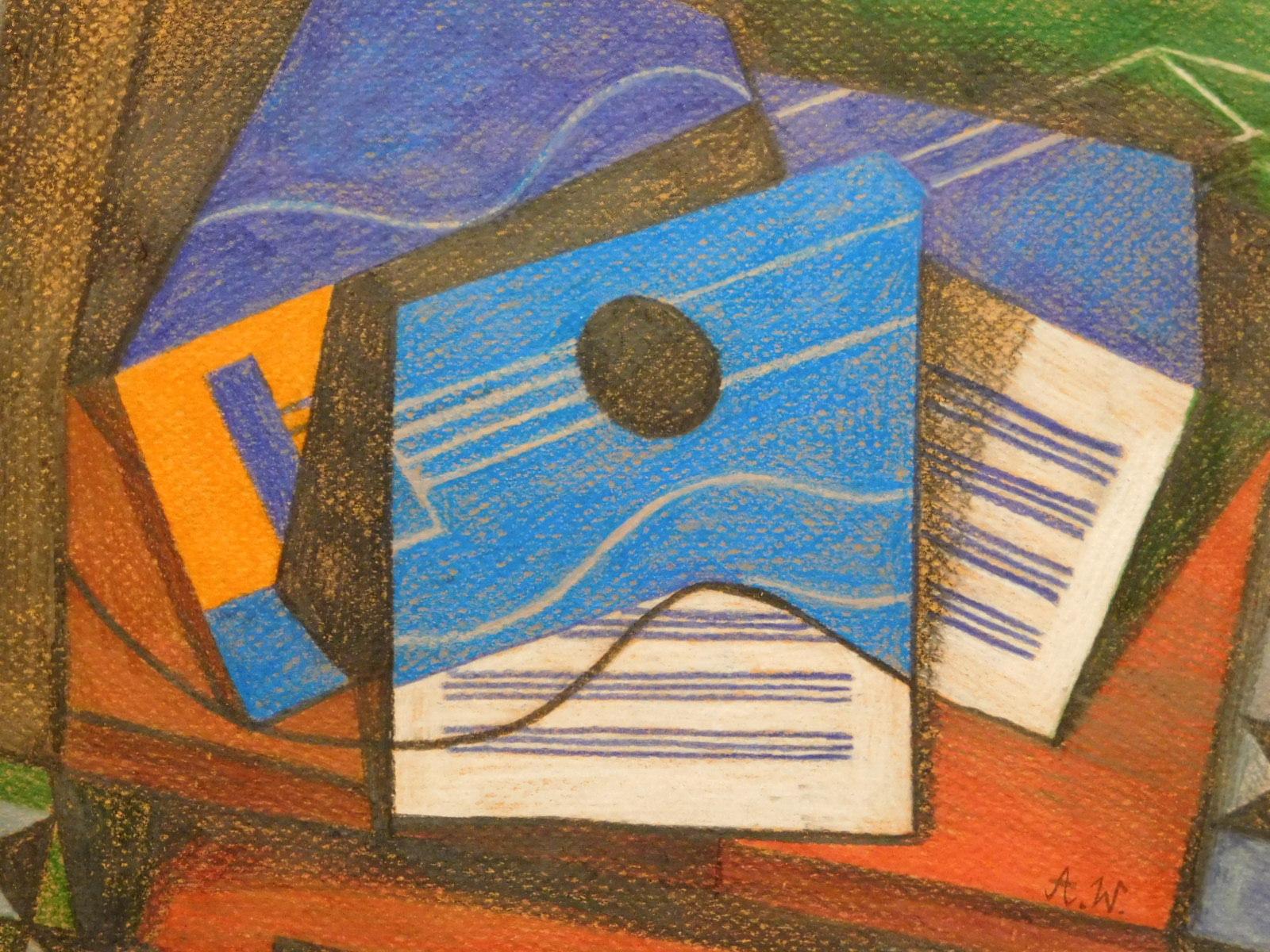 After Metzinger: Cubist Composition with Blue Guitar and Sheet Music.