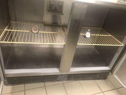 Stainless steel top prep table/work surface with under counter double door cooler