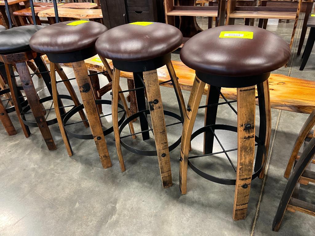 RECLAIMED BARREL LEATHER BAR STOOL 33 IN
