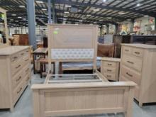 FLAT SAWN WHITE OAK UPHOLSTERED QUEEN 5 PC BEDROOM SET LACTE OCS 138