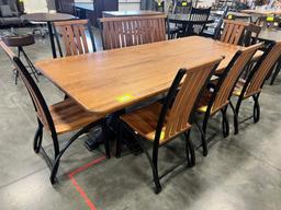 CHERRY DINING TABLE W METAL BASE W 6 SIDE CHAIRS, 1 BENCH 96X43 IN