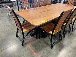 CHERRY DINING TABLE W METAL BASE W 6 SIDE CHAIRS, 1 BENCH 96X43 IN