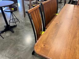 CHERRY DINING TABLE W METAL BASE W 6 SIDE CHAIRS, 1 BENCH 96X43 IN