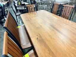 CHERRY DINING TABLE W METAL BASE W 6 SIDE CHAIRS, 1 BENCH 96X43 IN