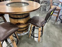 JACK DANIELS BARREL PUB TABLE W 4 BAR CHAIRS, 48 IN ROUND