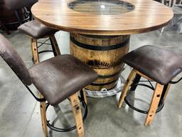 JACK DANIELS BARREL PUB TABLE W 4 BAR CHAIRS, 48 IN ROUND