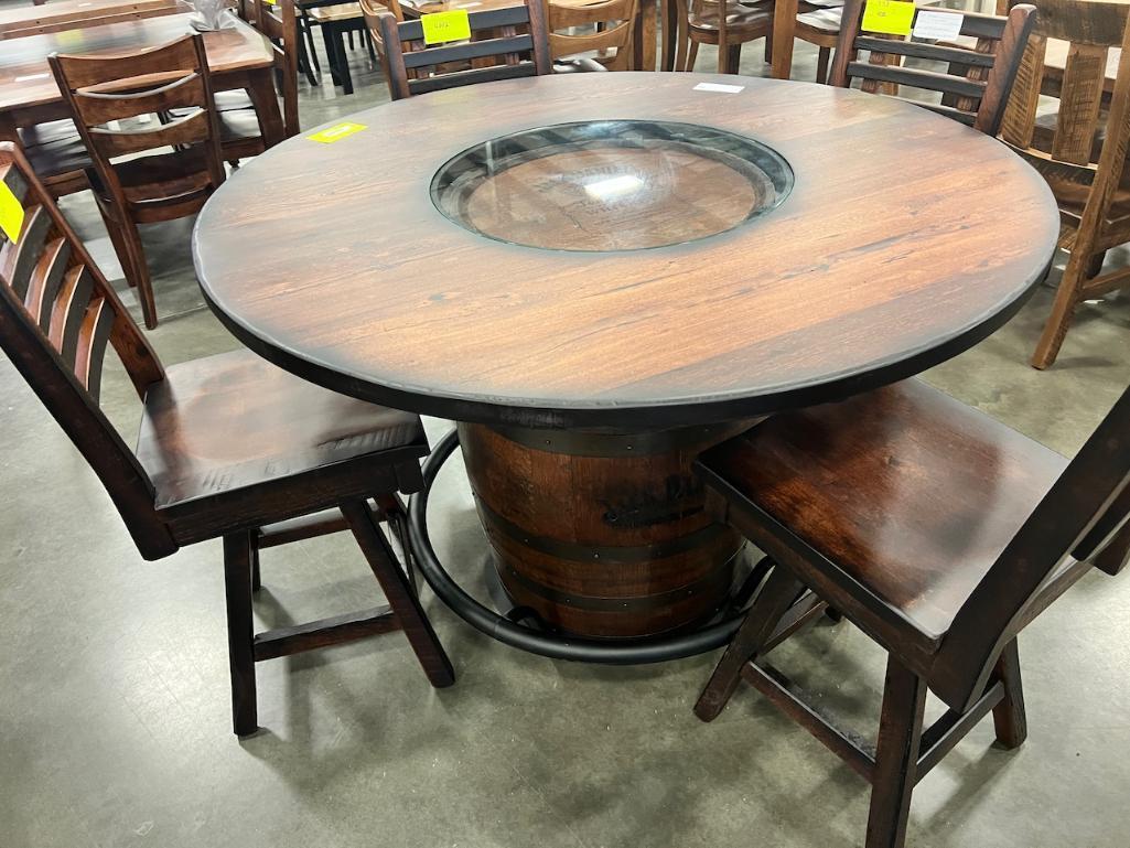 JACK DANIELS BARREL PUB TABLE W 4 BAR CHAIRS, 54 IN ROUND