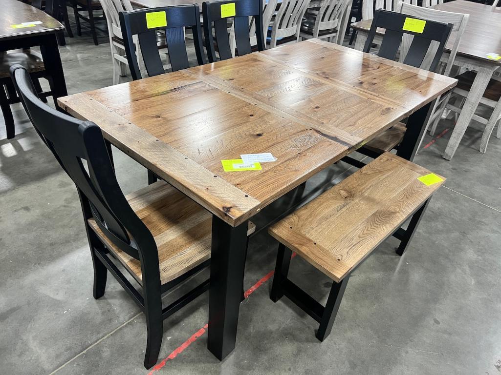 HICKORY DINING TABLE W 4 SIDE CHAIRS, 1 BENCH, 1 18 IN LEAF, 36X48X30 IN