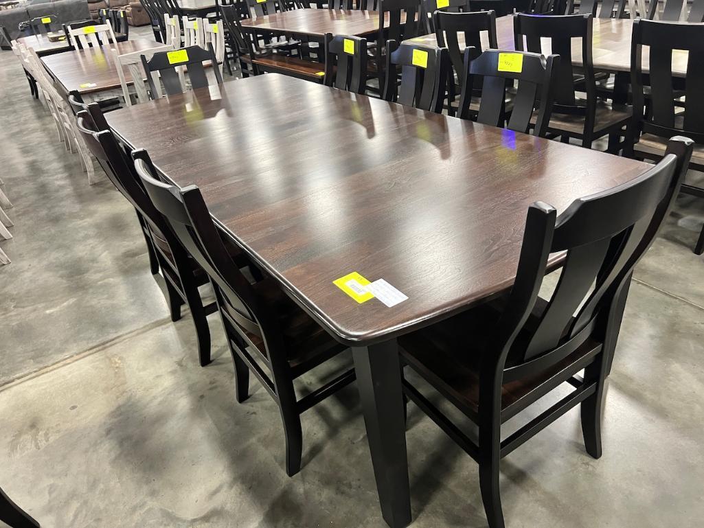 WALNUT AND MAPLE DINING TABLE W 8 SIDE CHAIRS, 4 LEAVES COCOA AND ONYX 44X60 IN