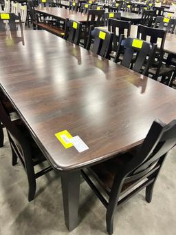 WALNUT AND MAPLE DINING TABLE W 8 SIDE CHAIRS, 4 LEAVES COCOA AND ONYX 44X60 IN