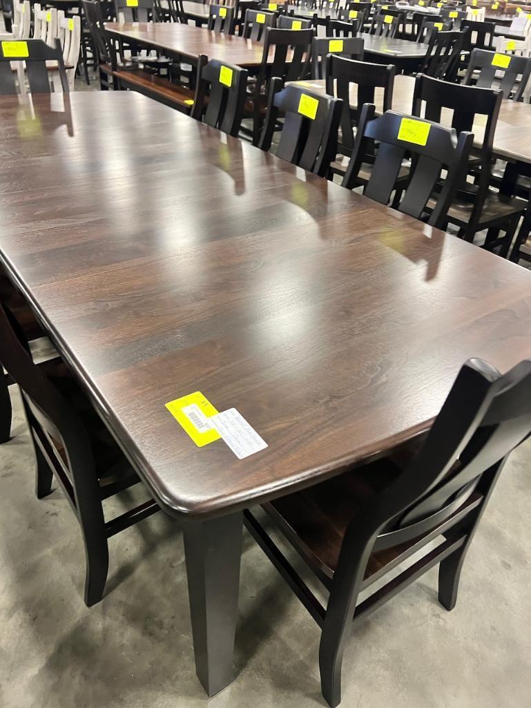 WALNUT AND MAPLE DINING TABLE W 8 SIDE CHAIRS, 4 LEAVES COCOA AND ONYX 44X60 IN