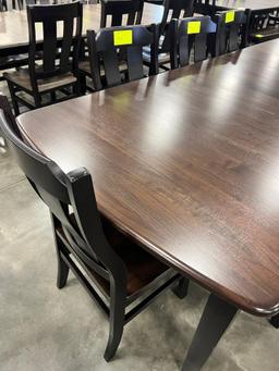 WALNUT AND MAPLE DINING TABLE W 8 SIDE CHAIRS, 4 LEAVES COCOA AND ONYX 44X60 IN