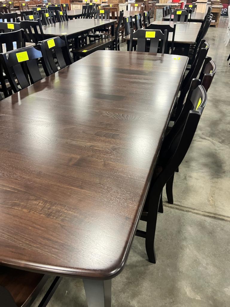 WALNUT AND MAPLE DINING TABLE W 8 SIDE CHAIRS, 4 LEAVES COCOA AND ONYX 44X60 IN