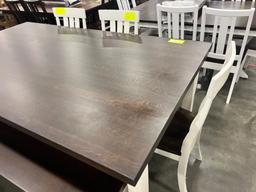 OAK MISSION LEG TABLE W 4 SIDE CHAIRS, 1 BENCH 48X84 IN