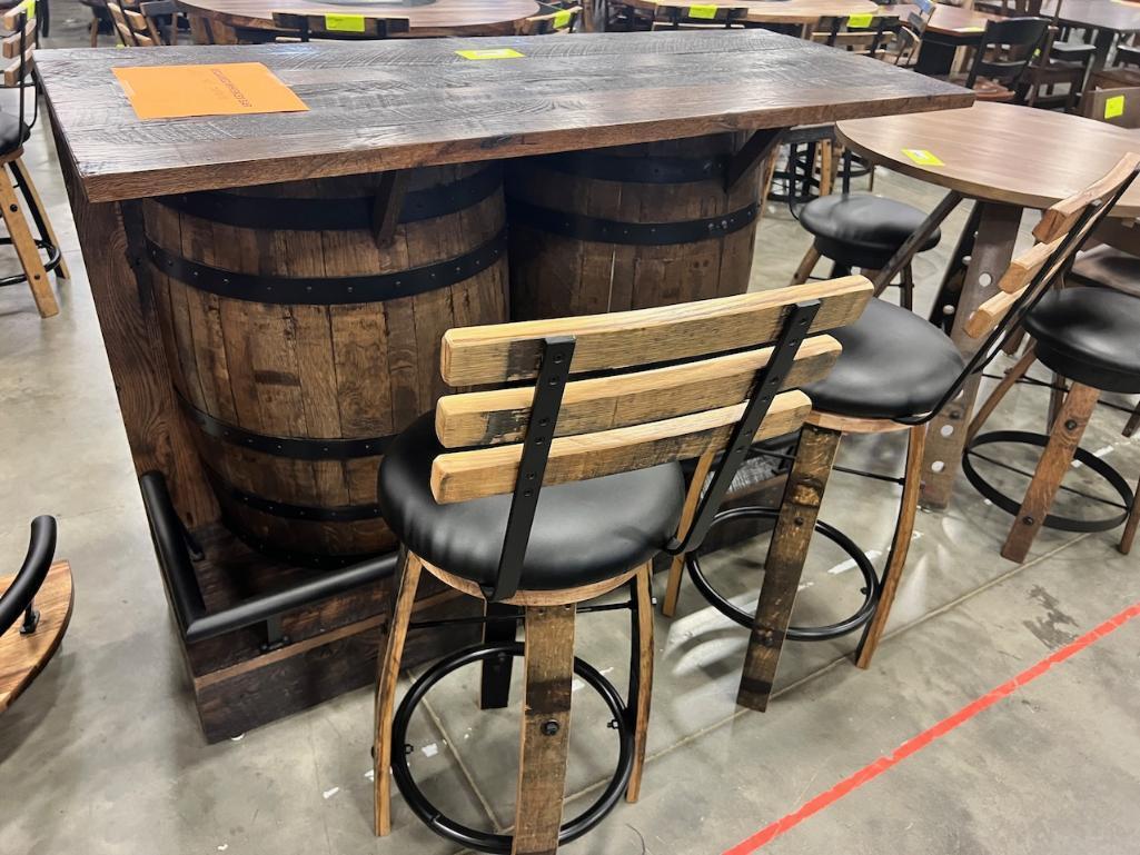 RECLAIMED WHISKEY BARREL BAR W 2 BAR CHAIRS 60X25X44 IN