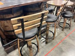 RECLAIMED WHISKEY BARREL BAR W 2 BAR CHAIRS 60X25X44 IN